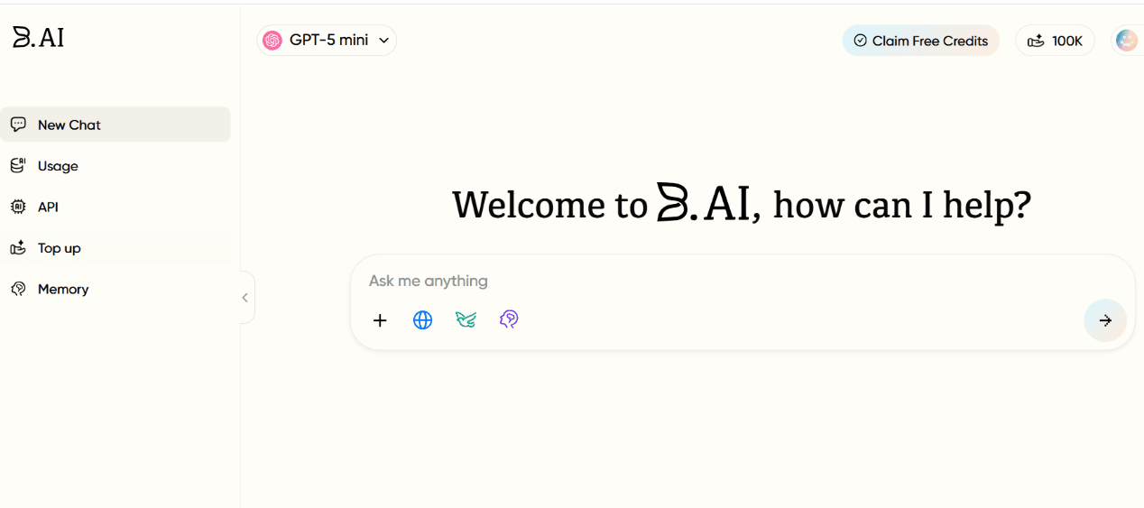 B.AI LLM 服务快速入门指南:四步畅玩多款 AI 大模型对话与API接入,登录即领 100,000 免费AI积分