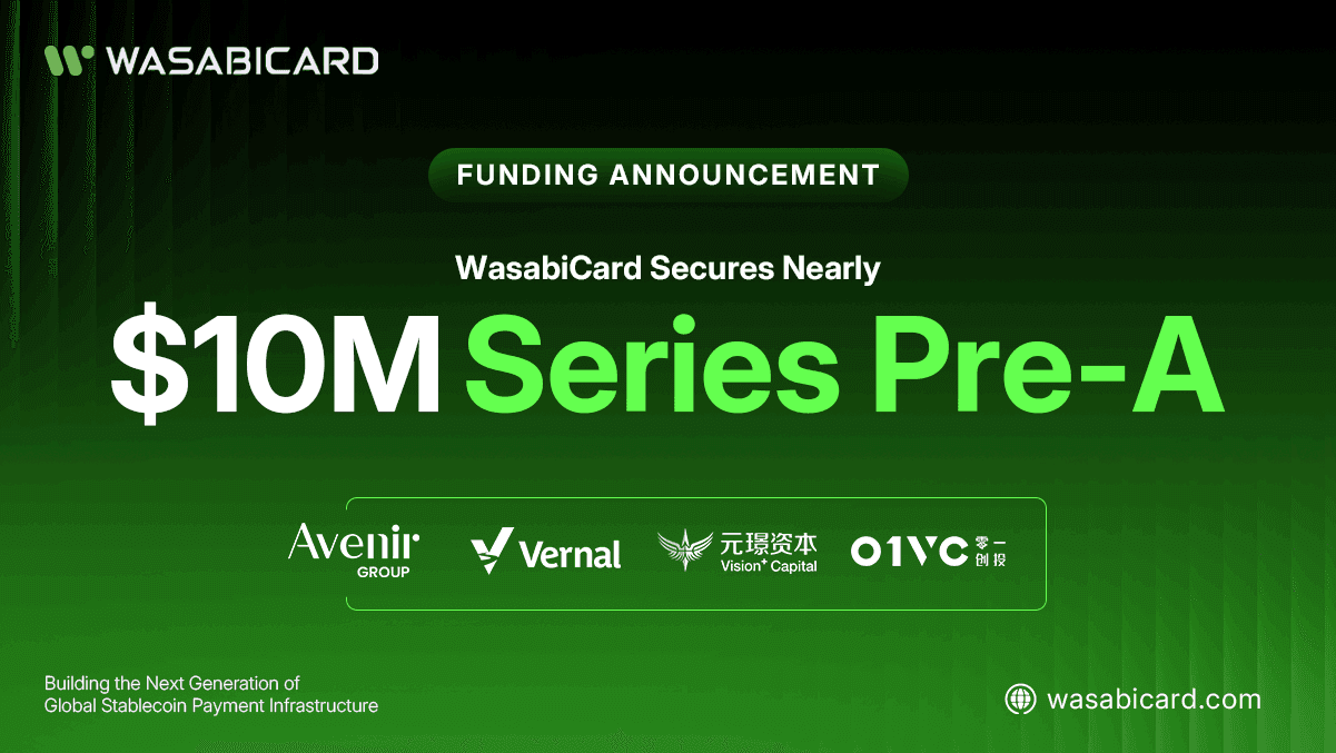 WasabiCard 完成近千万美元 Pre-A 轮融资,由知名机构 Vernal Capital、Avenir Group、Vision Plus Capital 和 01VC 参投
