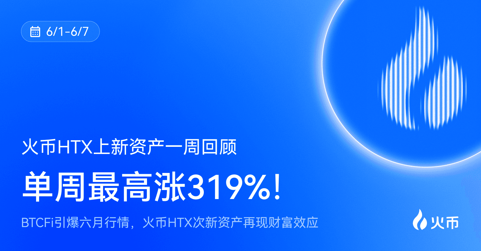 单周最高涨 319%！火币 HTX 上新资产一周回顾（6.1-6.7）： BTCFi 引爆六月行情，火币 HTX 次新资产再现财富效应
