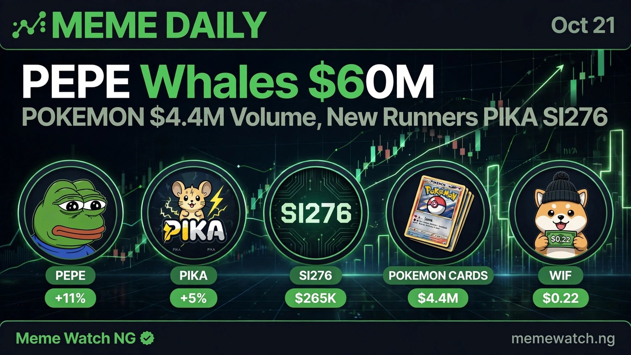MEME DAILY - Oct 21 | PEPE Whales $60M, POKEMON $4.4M Volume, New Runners PIKA SI276